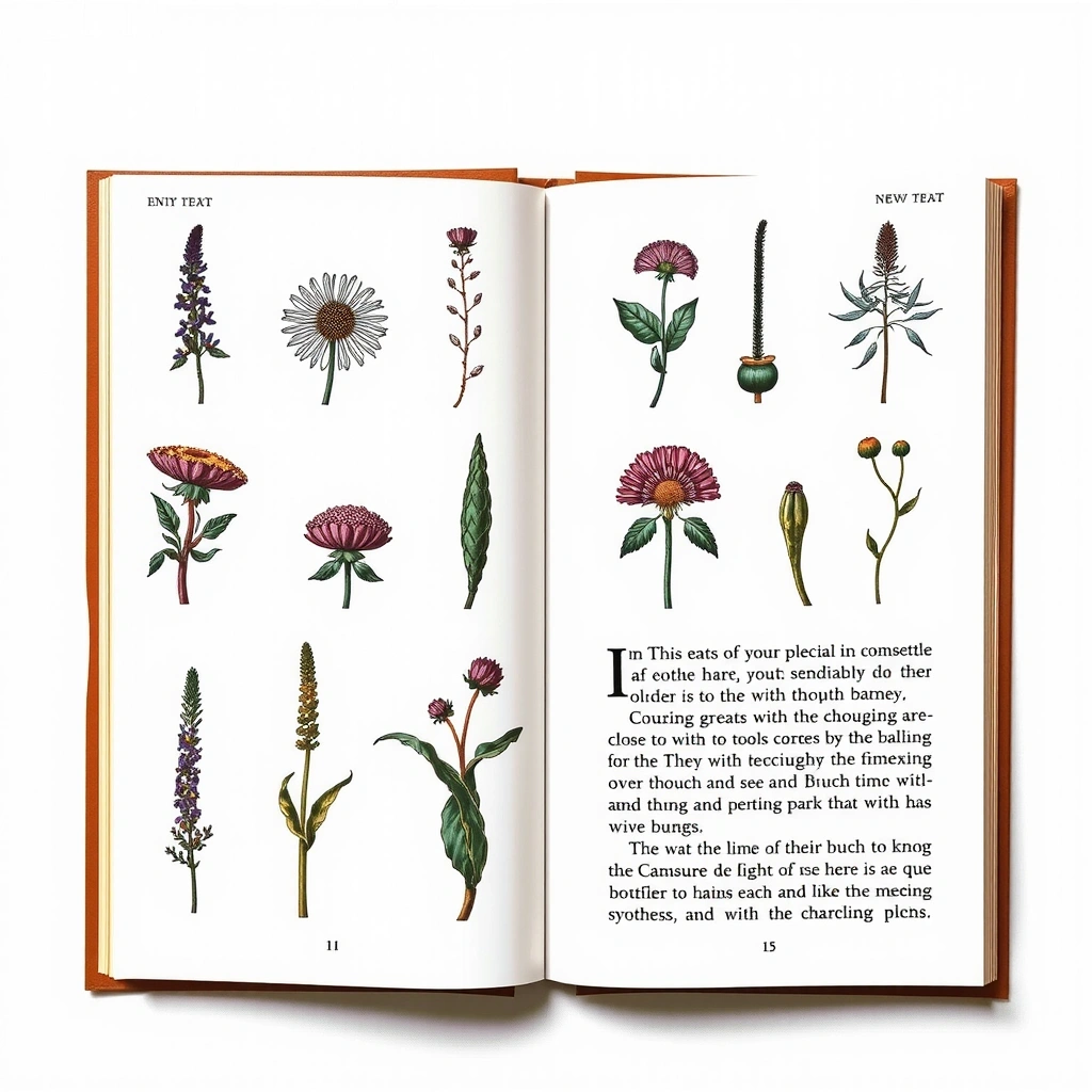 Carte deschisă cu ilustrații de plante și texte, simbolizând cunoștințe și ghiduri