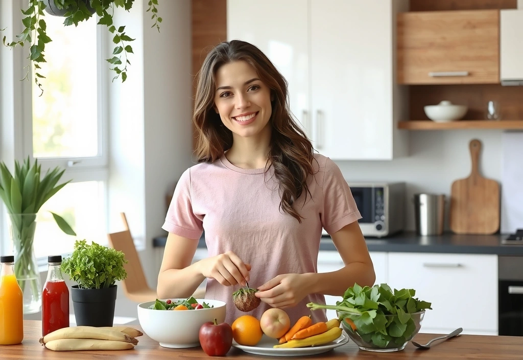 Femeie zâmbind în timp ce pregătește o salată proaspătă, ilustrând nutriția echilibrată