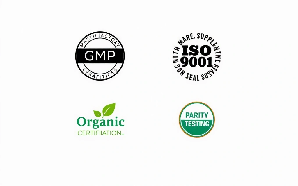 Diverse logo-uri de certificare (GMP, ISO, Organic) pe o suprafață curată