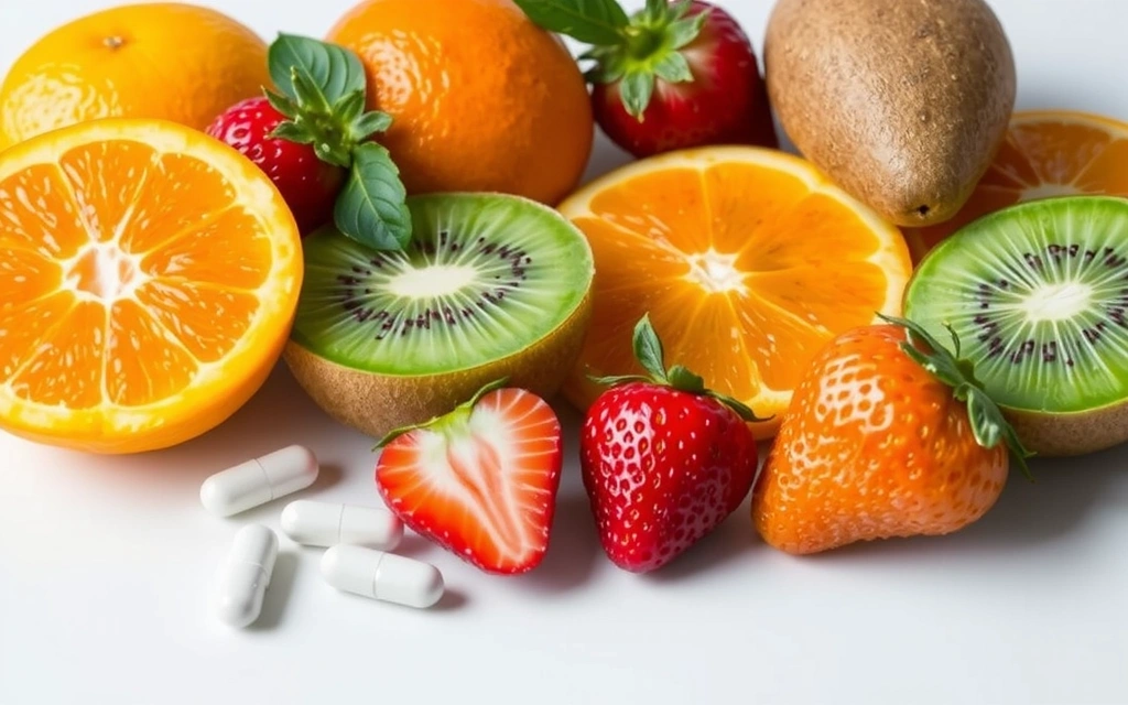 Fructe bogate în Vitamina C și pastile de Vitamina C