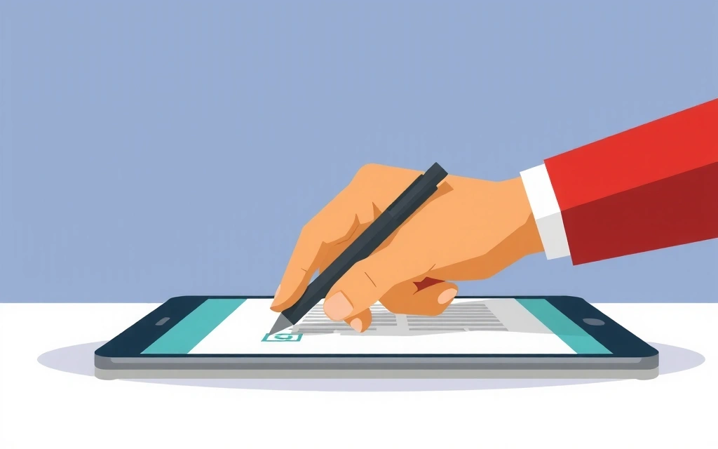 Ilustrație cu un contract digital și o mână care semnează pe o tabletă, simbolizând acceptarea termenilor și condițiilor.